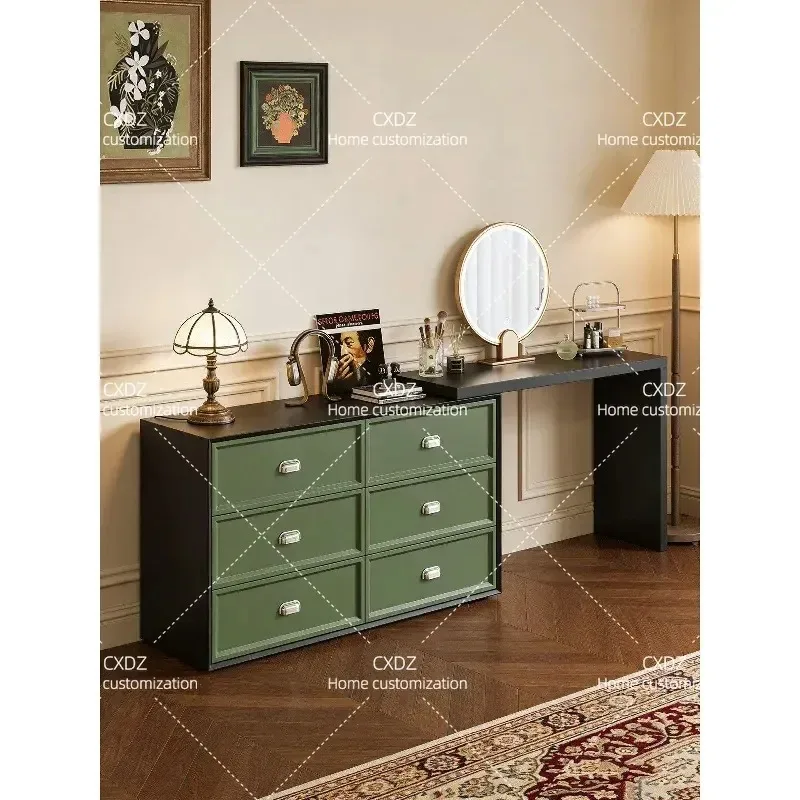 Retro Solid Wood Dresser with Telescopic Makeup Table Integrated Bed End Storage Chest Simple Baking Paint Finish Mixed Color