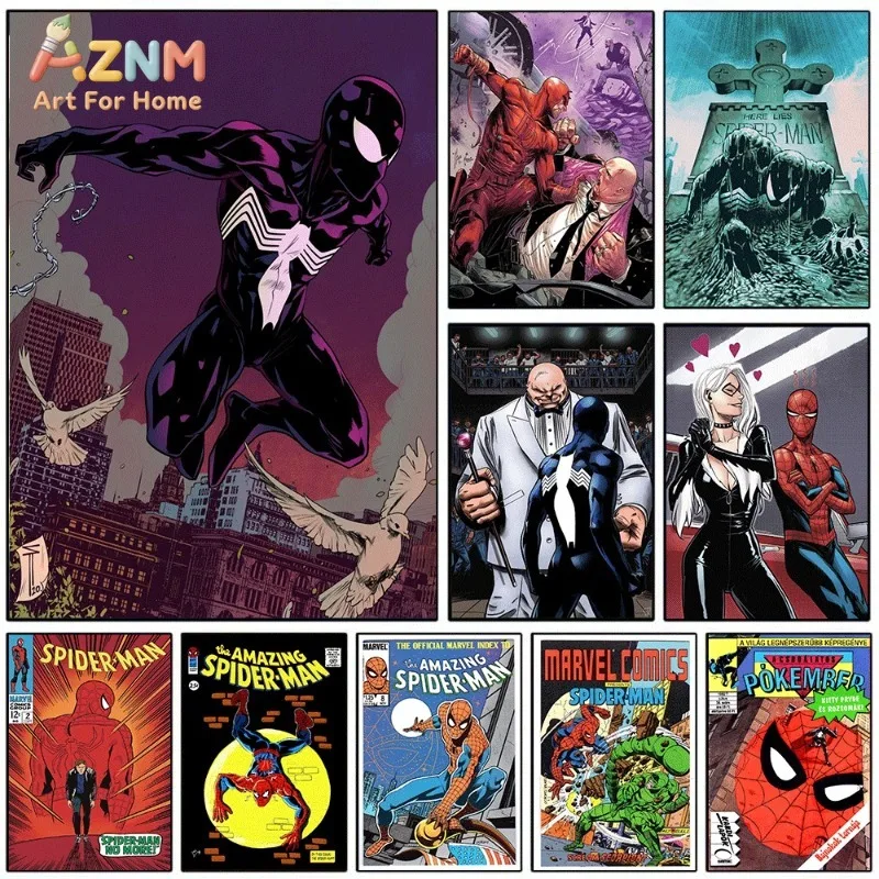 Black Suit Spider Man Comic Collage Canvas Wall Art Superhero Poster For Bedroom Living Room Home Background Decoration Unframed