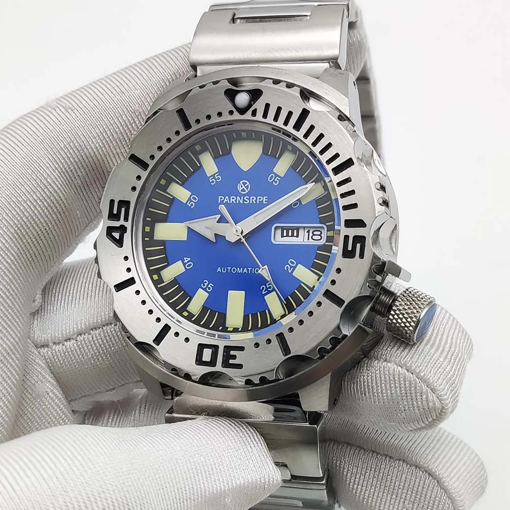 Parnsrpe New 45mm Blue Dial Luminous NH36 Automatic Stainless Steel Waterproof Watch Unidirectional Rotating Bezel
