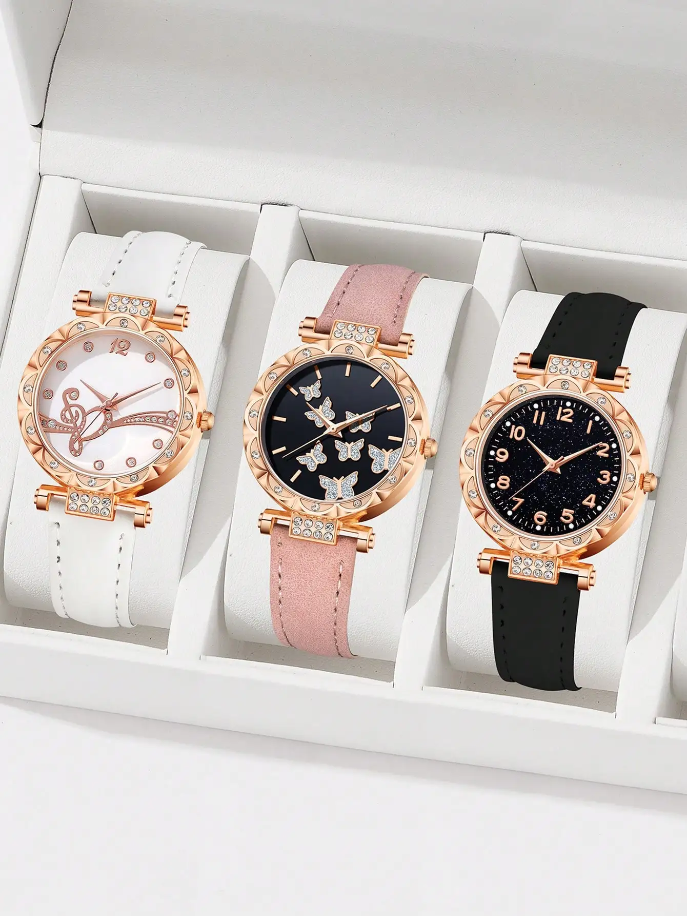 

Набор из 3 женских часов цвета розового золота с ремешками из искусственной кожи, циферблатами с цветочными и звездными узорами