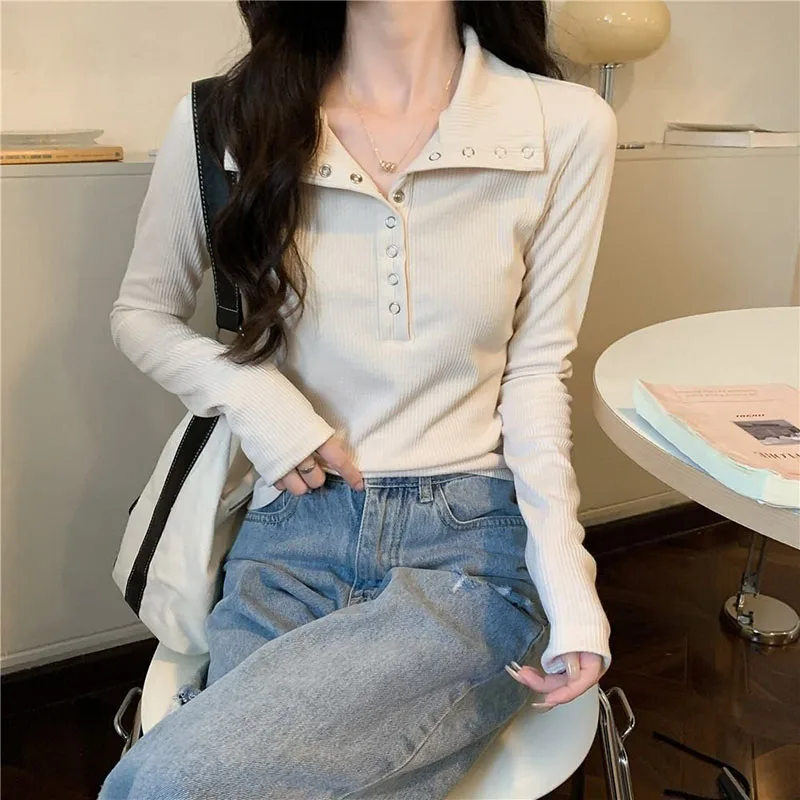 Xpqbb Button Up Knitted Sweater Women 2024 Autumn New Long Sleeve Slim Fit Y2K Knitwear Female All Match Bottoming Knit Pullover