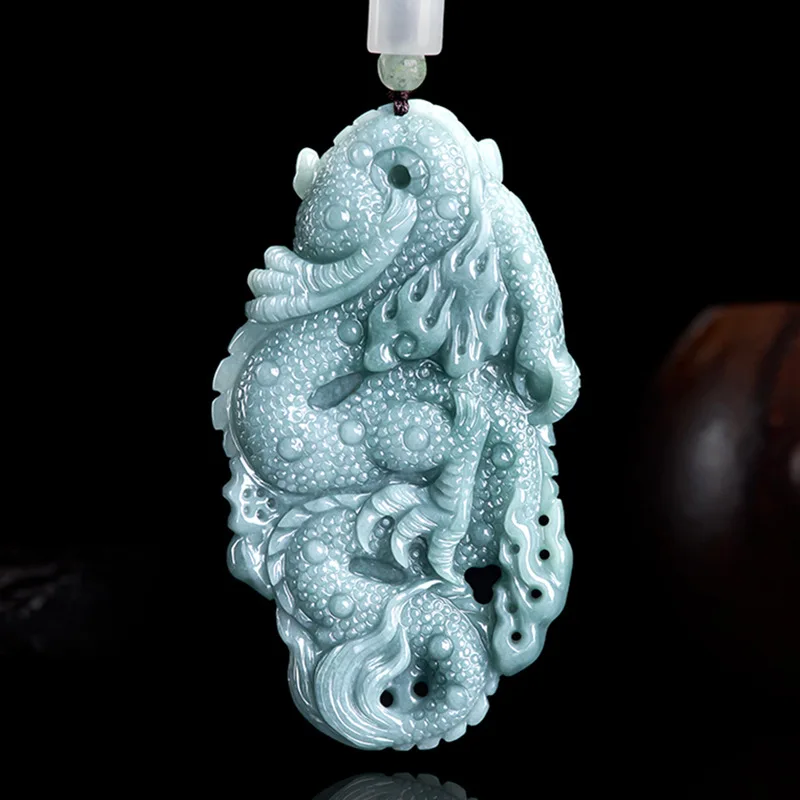 Natural A-grade Jade Blue Water Divine Domineering Dragon Pendant Ice Type Jade Temperament Men Wealth Field Women Protection