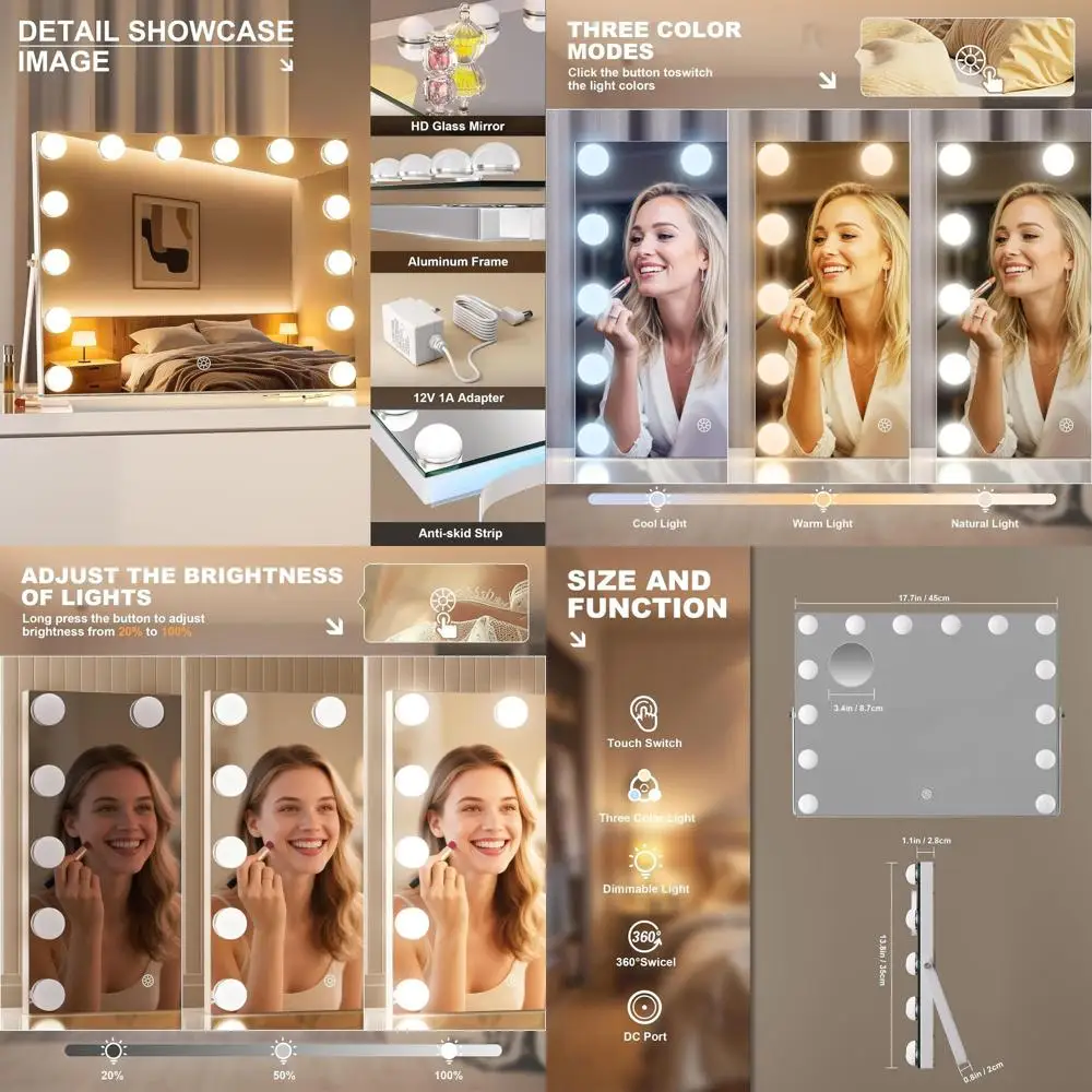 مرآة مكياج على طراز هوليوود قابلة للتعديل، 17.7 × 13.8، 3 أوضاع إضاءة #1