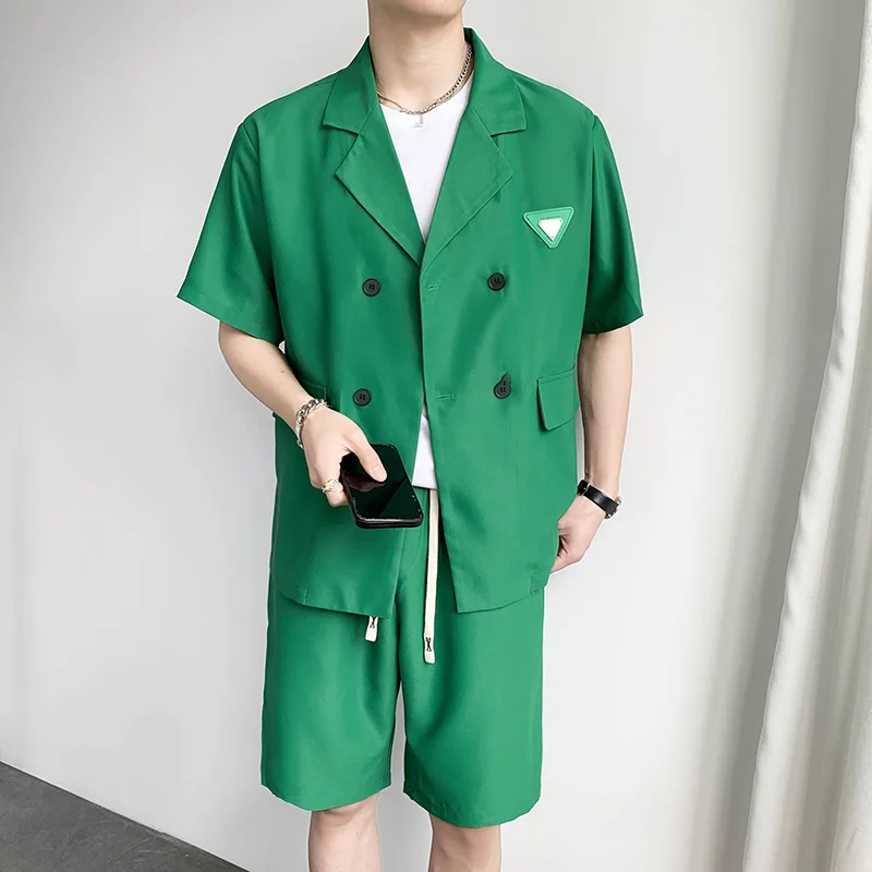 New Summer Fashion Men's Short Suit Sets Matching Jacket and Shorts Double Breasted Solid Striped Korean Style Clothing Man