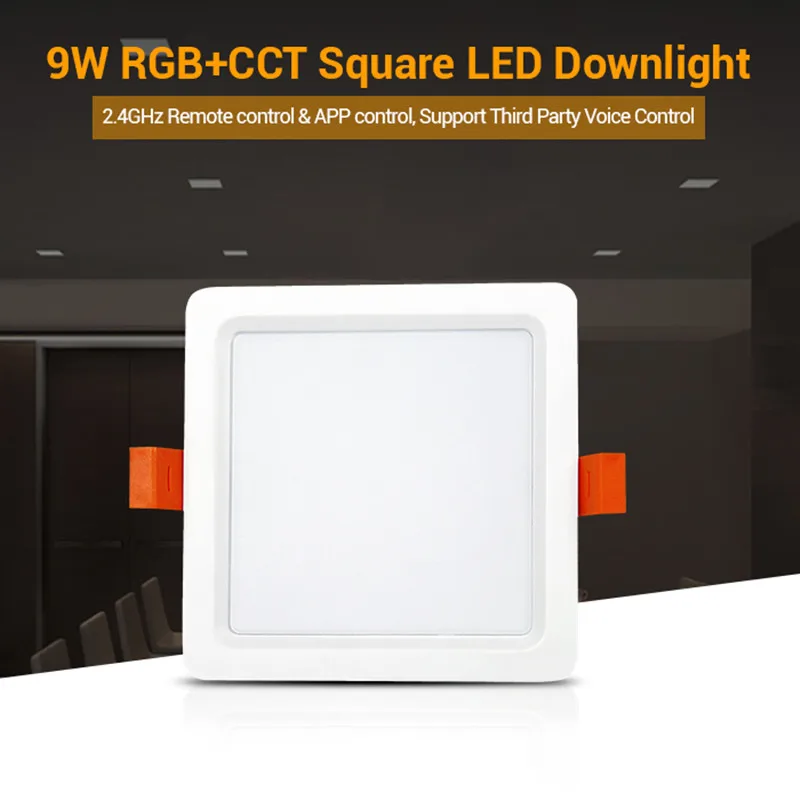 FUT064 2.4GHZ RF Remote/WIFI APP/Third Party Voice Control LED Lamp Miboxer AC100-240V 9W RGB+CCT Square LED Downlight  AIuminum