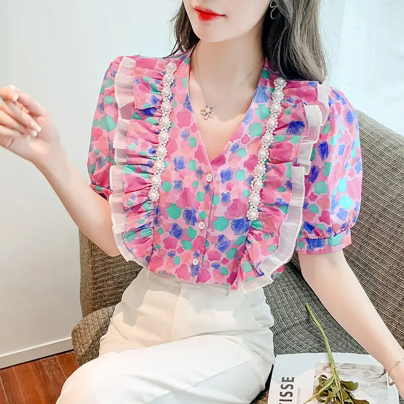 Fashion Pockets Spliced Elegant V-Neck Printed Shirt Female Clothing Chic Pearl Embroidered Flares Summer Single-breasted Blouse