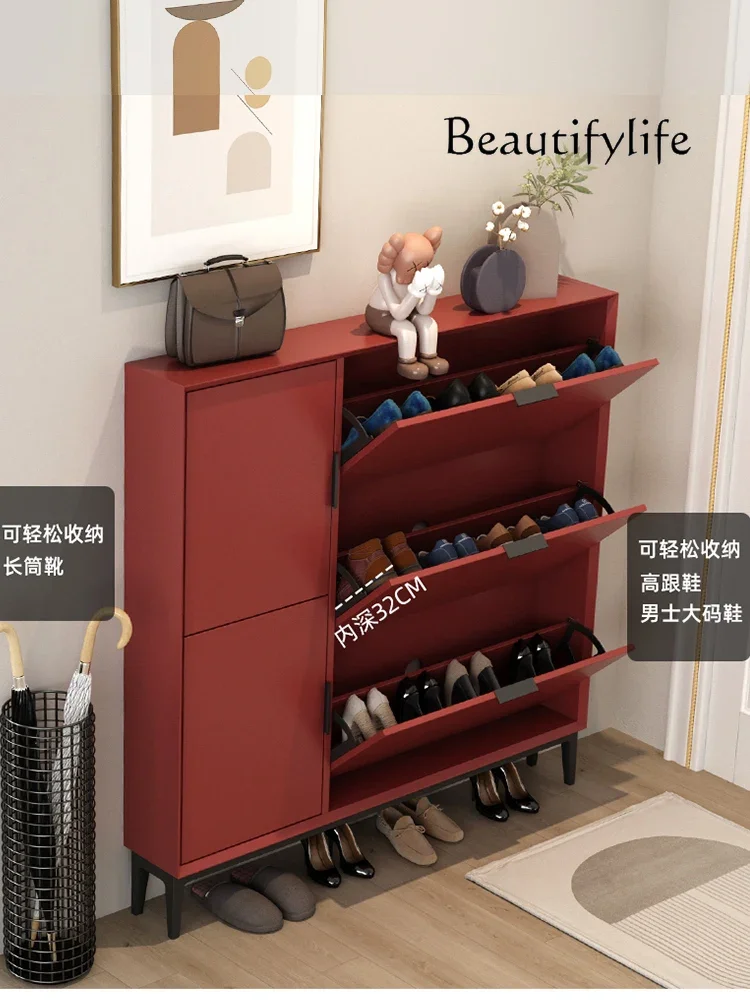 Italian-Style Light Luxury Solid Wood Shoe Cabinet Extremely Narrow Ultra-Thin Small Apartment Storage Entrance Shoe Cabinet