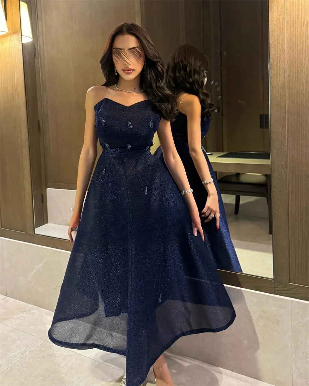 Customized Prom Gown Formal Saudi Arabia Strapless A-line Ankle Length Skirts Tulle Sleeveless Bespoke Occasion Dresses Evening