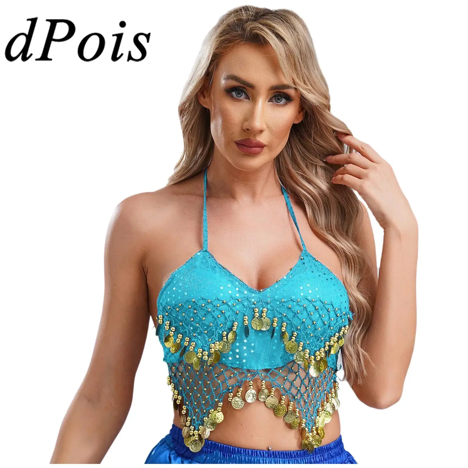Damski taniec brzucha topy biustonosz wiązany na szyi cekinowe koraliki biustonosze z frędzlami sznurowany taniec krótki Top Boho Festival Bellydance kostium wydajności