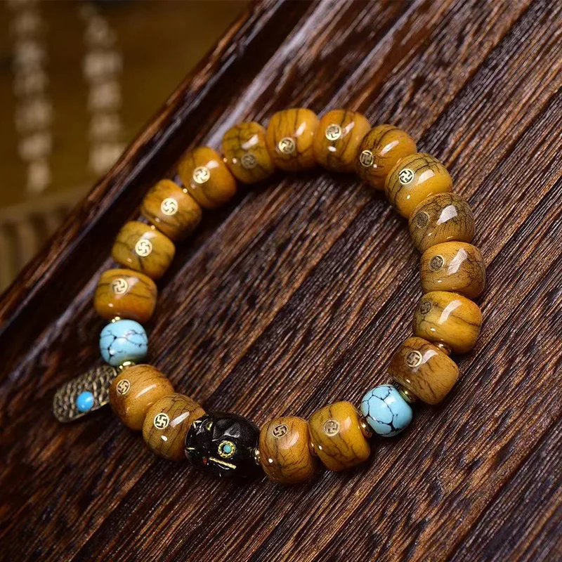 Natural reflux bone old copper ten-thousand inlaid barrel beads cultural toys strings single round Tibetan retro yak bone horse