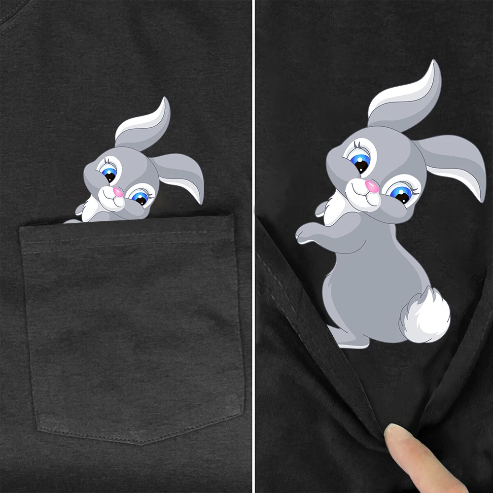 CLOOCL Cute Rabbit Women's T-shirts Black Pure Pure Cotton Bunny Pocket Tees Funny Tees Summer Hip Hop Tops Graphic T Shirts