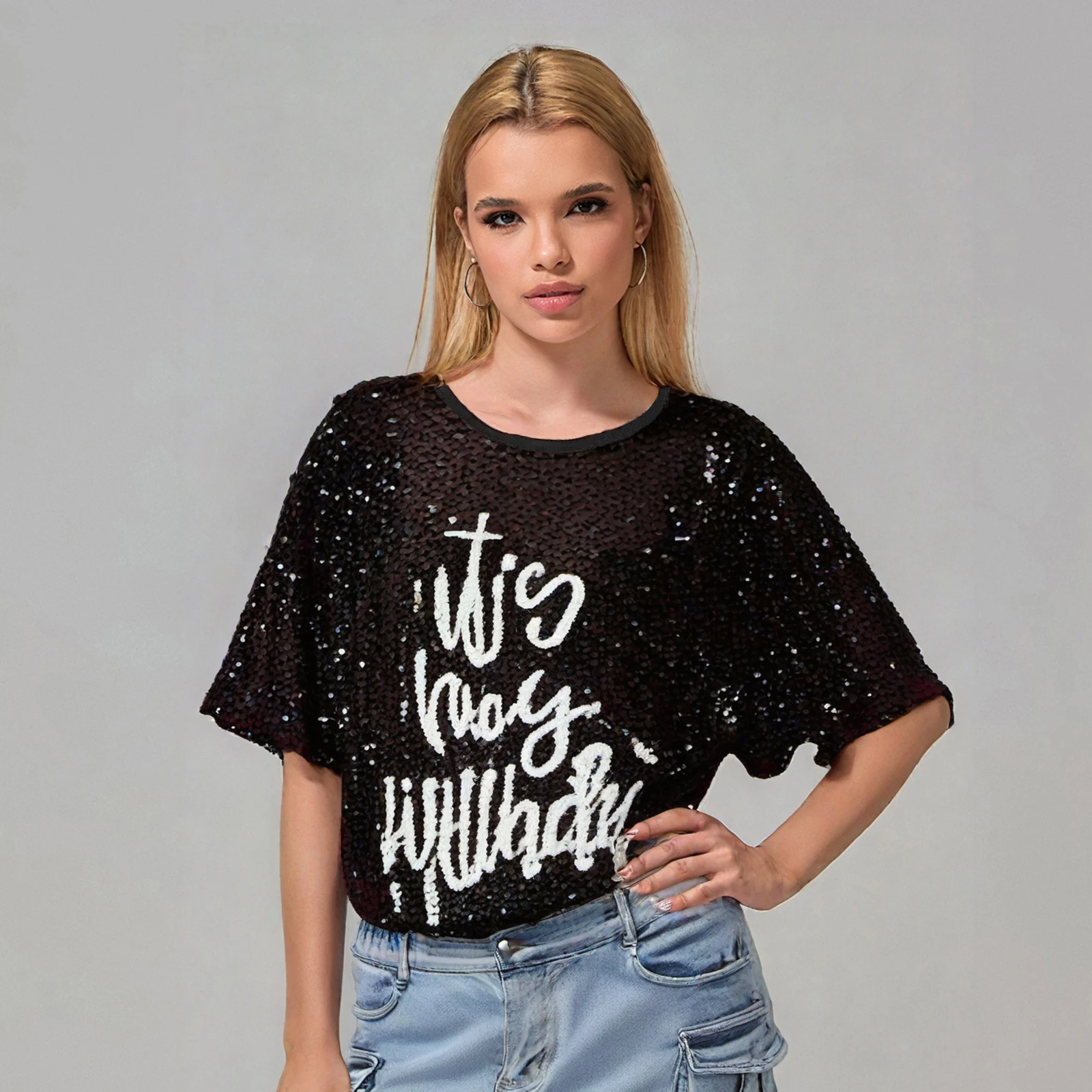 Women's Sequin T Shirt Dress Short Sleeve Round Neck Letter Print Oversized Tops Party Dress