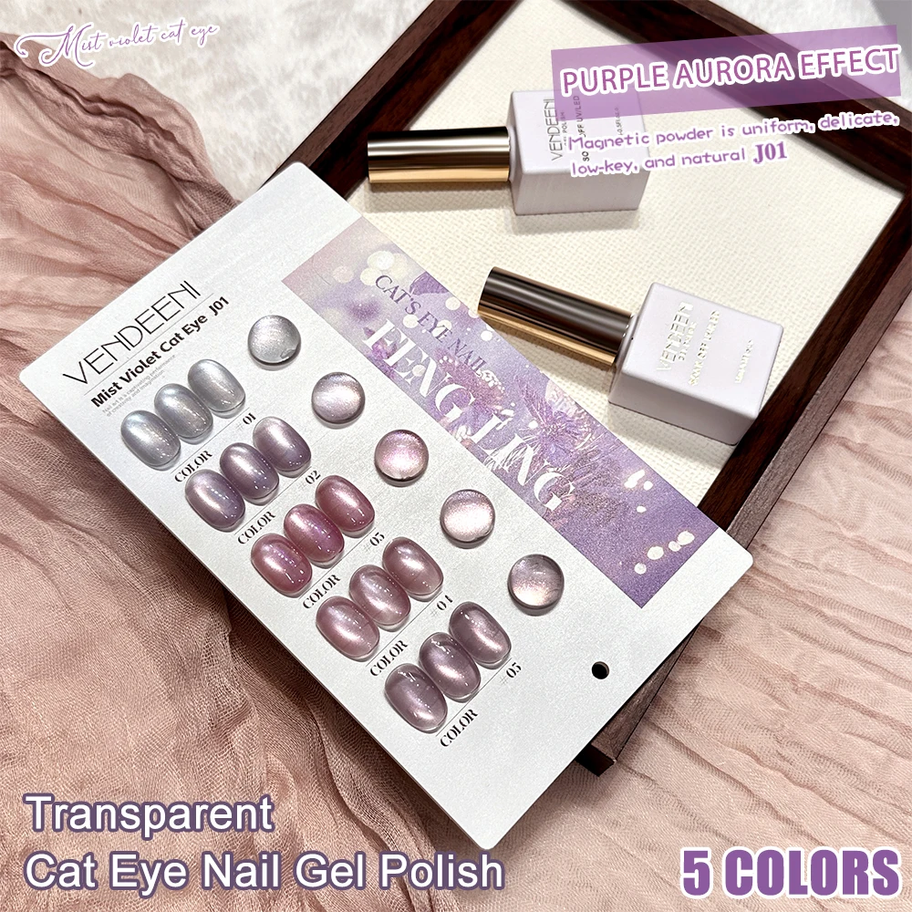 Vendeeni 5 Farben/Set Lila Katzenaugen-Gel-Nagellack Magnetischer UV-LED-Gel-Lack Aurora-Effekt Katzenaugen-Gel-Lack mit Display – Detail 6