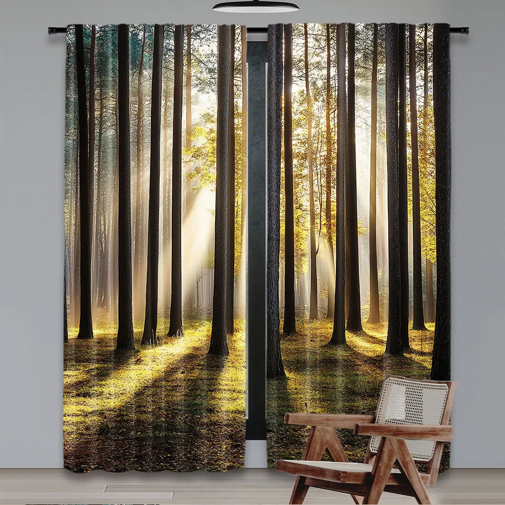2Pcs Forest Curtains Landscape Sunrise In The Forest Leaves In Seasonal Woodland Scenery Photo For Bedroom Bathroom Living Room