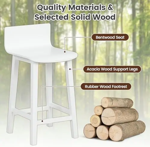 Solid Wood Bar Stools Set of 4, 24.5' Counter Height, Farmhouse White Kitchen Chairs