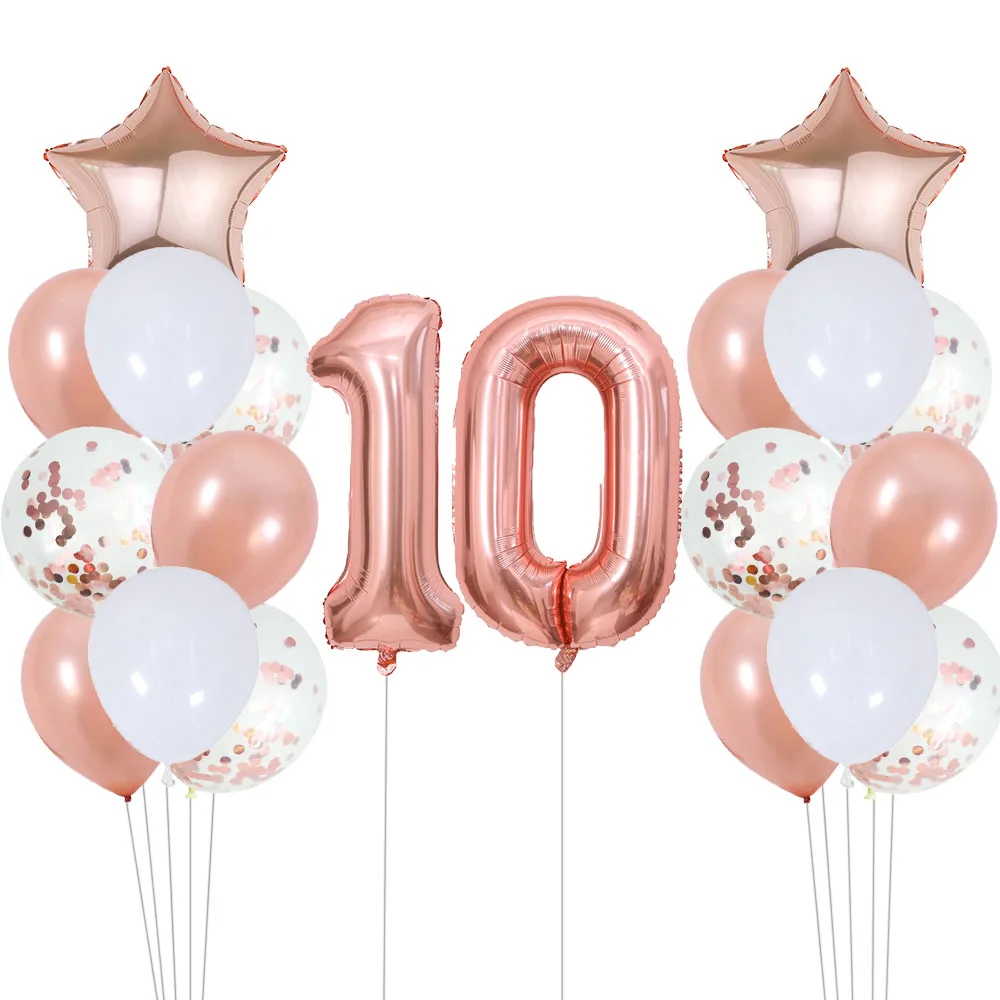 22pcs Rose Gold Number Foil Balloons Happy Birthday Party Decorations Adult Kids 10 11 14 15 16 18 25 30 35 40 50 60 70 Year Old