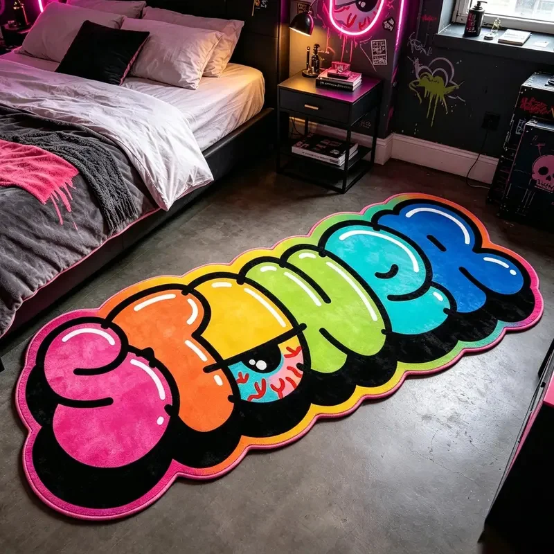 VIKAMA Colorful Graffiti Bubble Letter Long Rug Non Slip Fluffy Shaped Carpet Mat For Bedroom Gaming Room Trendy Home Decor