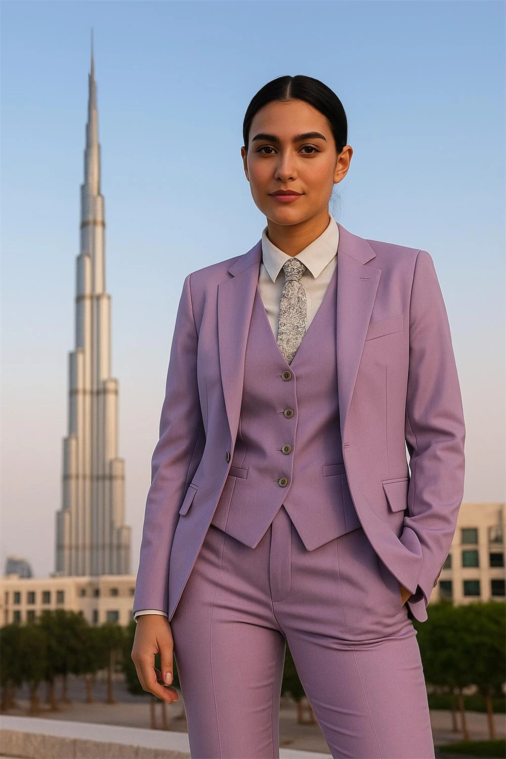 

Женский костюм из 3 предметов лавандового цвета: пиджак с заостренными лацканами, жилет и брюки. Элегантный комплект для официальных мероприятий и свадеб (пиджак+жилет+брюки)