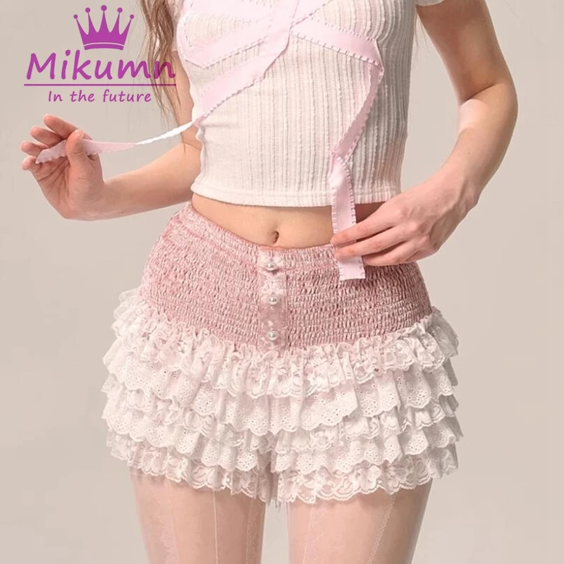 Mikumn Japanese Sweet Lolita Style Lace Skirts Women Elastic High Waist Multilayer Ruffles Cake Shorts Skirts Girls Kawaii Skirt