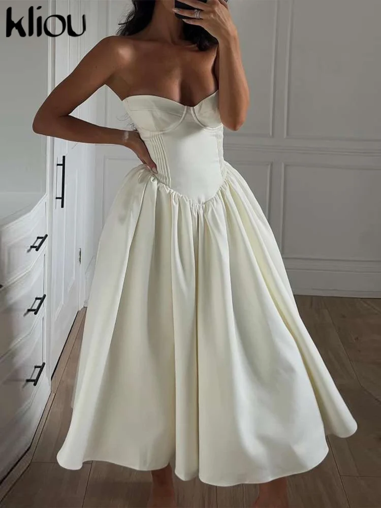 kliou Klassieke Elegante Vrouwen Maxi Jurk Beknopte Gedrapeerde Strapless A-lijn Sexy Decolleté Elegant Gewaad Vrouwelijke Trend High Street Japon