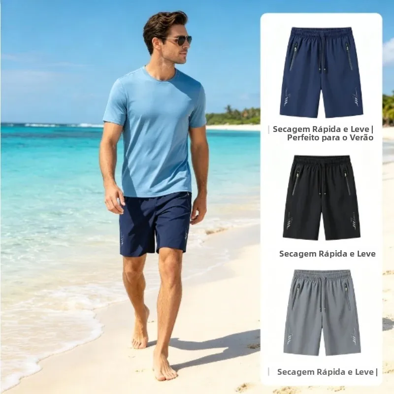 Bermudas Masculinas de Verão em Seda Gelada, Secagem Rápida, Respiráveis, Elásticas, Caimento Solto, Esportivas e Casuais para Praia