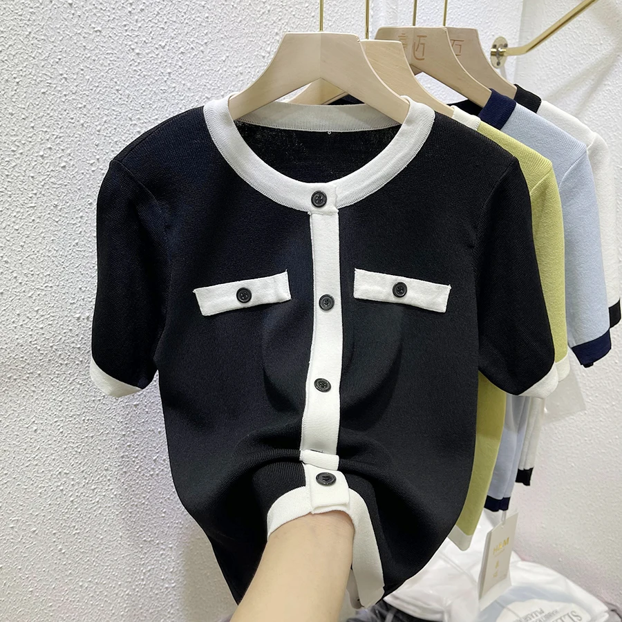 Cseta de Manga Corta de Seda Helada para Mujer, Estilo Nuevo de Verano, Cseta de Punto con ra Fragancia, Cuello Red...
