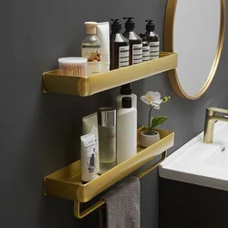 Brushed Gold Bathroom Shelf Aluminum Cosmetic Storage Racks Towel Bar Wall Mounted Bath Shower Shampoo Shelf Bath Accessorie