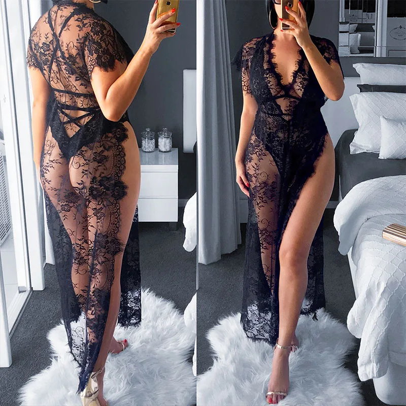 Floral Lace Long Dress Open Sleepwear Sexy Lingerie Woman Soft See-through Pajama Porn Roleplay Costume Erotic Nightgown Sex Set