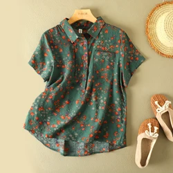 Vintage Floral Print Women's Shirt Summer Fashion Short Sleeve Pocket Loose Casual Blouse Female Comfortable Soft Thin Daily Top