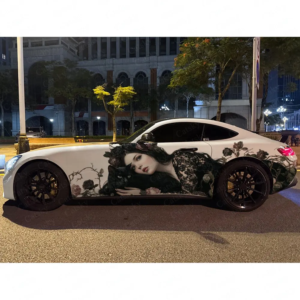 2pcs Blooming Vine Holding Black Cat Car Side Wrap, Self-Adhesive PVC Waterproof & Scratch-Resistant Sticker, Car Accessory Gift