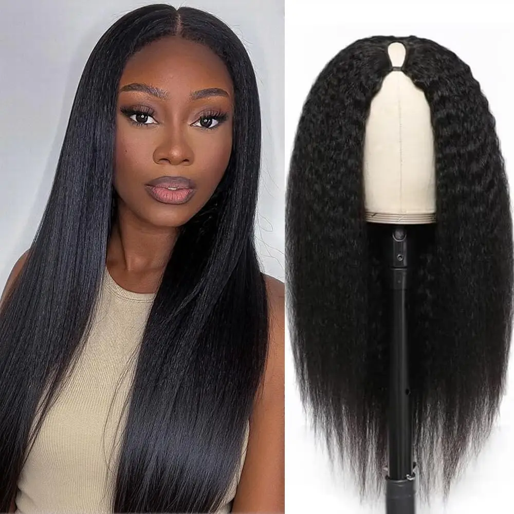 V Part Wig Yaki Straight Human Hair Beginner Friendly for Women Machine Made Yaki Straight Brazilian Natural Color 180% Density