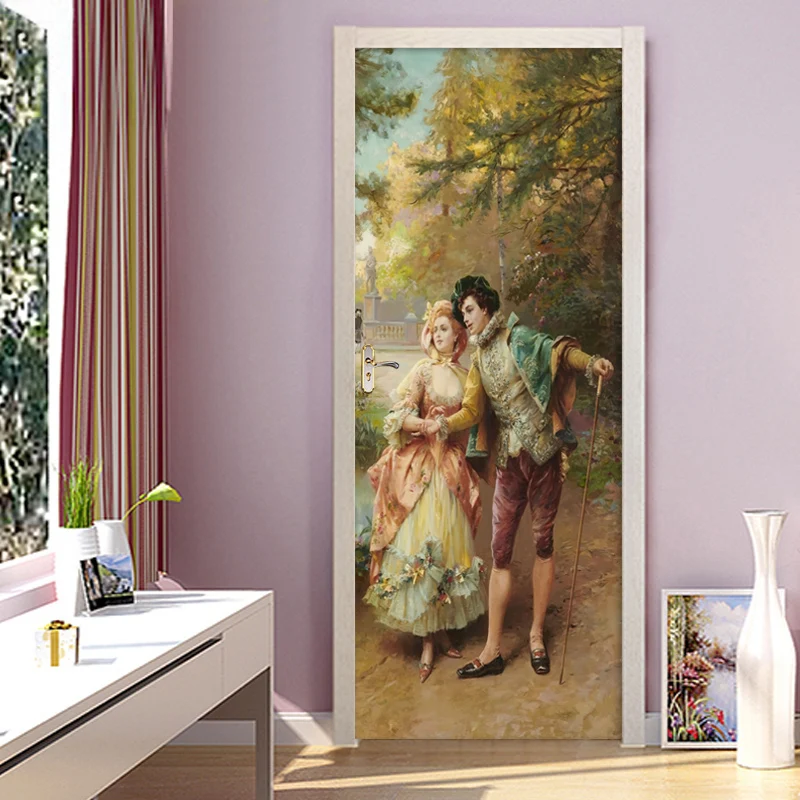 PVC Self-Adhesive Waterproof Door Sticker European Style British Oil Painting Character Couple Wallpaper Living Room Door Poster