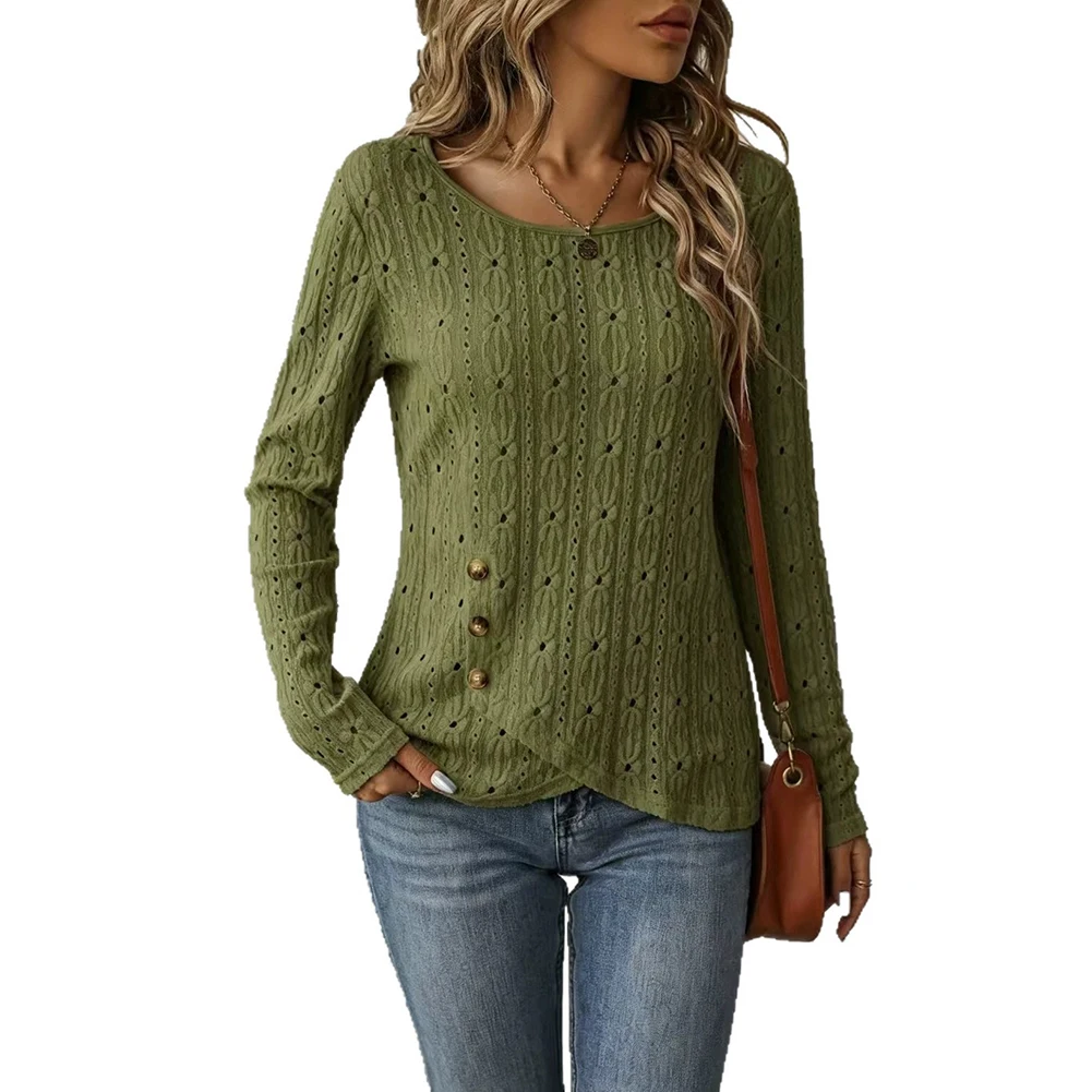 Jacquard Pattern Womens Tshirt For Slim for Fit Hollow Detail Irregular Hem Long Sleeve Round Neck Blouse for Spring Autumn