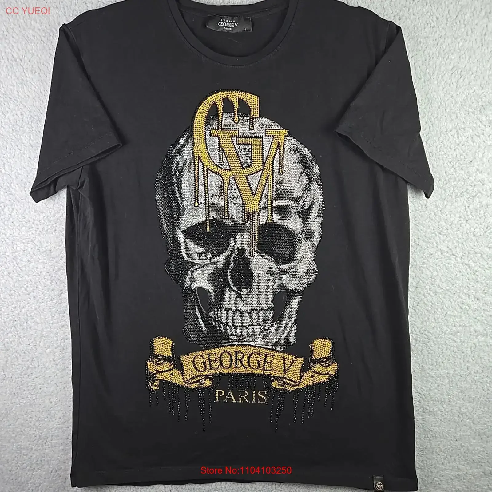 Camiseta Avenue George V Paris GV Skull Talla Grande Negra con Diseño de Pedrería, Estilo Vintage Lavado, para Uso Diario, Ropa de Diseñador