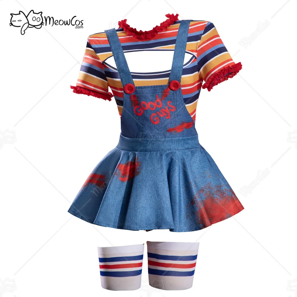 

MEOWCOS Women Killer Doll Halloween Gothic Bodysuit Overalls Set Multicolor Striped Cutout Bodysuit with Overalls and Stockings