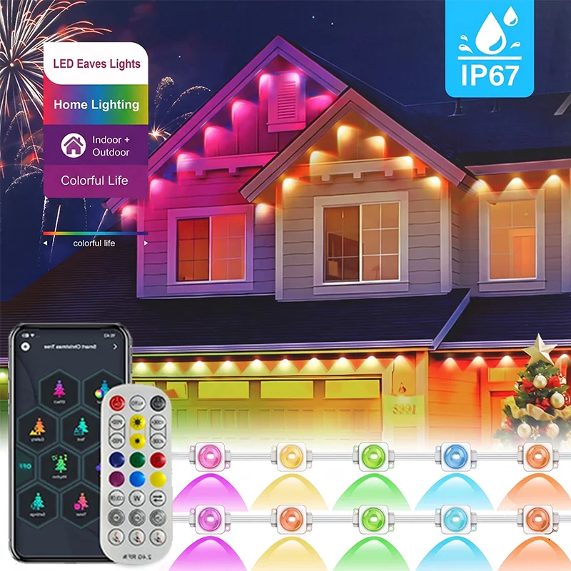 Smart Permanent Outdoor Lights RGBIC LED Eaves Lights DIY Scene Modes Music Sync with App Control for Garden Christmas Decor