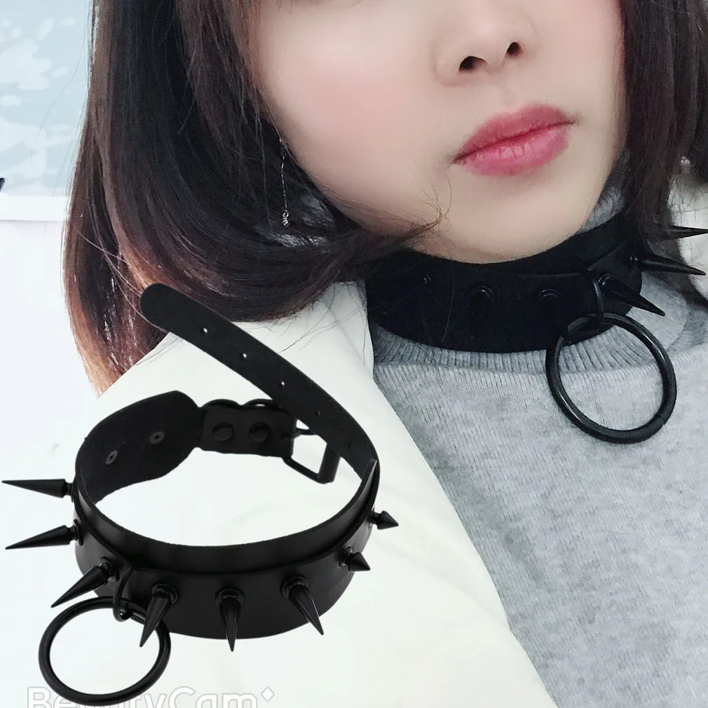 Punk Harajuku Personality Exaggeration Wild Ring Black rivets Multicolored leather Stainless steel Collar Clavicle chain