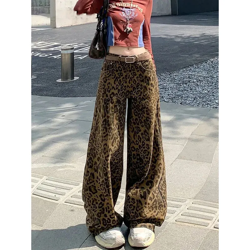 

Ladies New American Retro Drape Leopard Print Mopping Jeans Women's Fashion High Street Spice Girl Loose Straight Wide-Leg Jeans