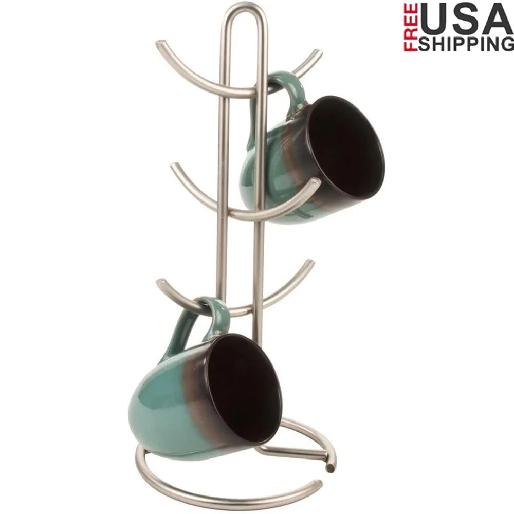 

Modern Mug Tree Holder Kitchen Organizer Coffee Cup Storage Rack Countertop Accessory with Convenient Carrying Handle Rust