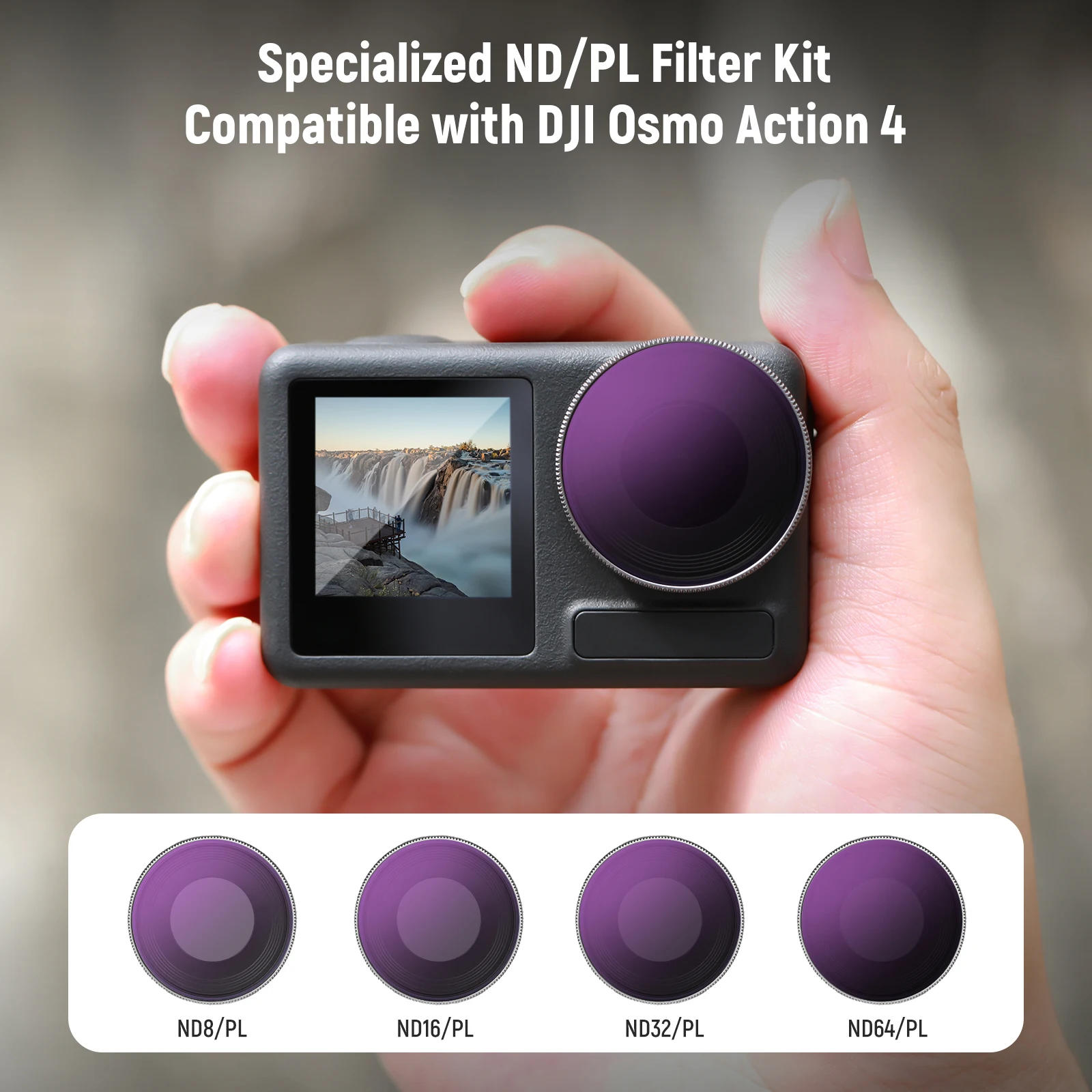 NEEWER ND Filter Set Compatible with DJI Osmo Action 4, 4 Pack ND8/PL ND16/PL ND32/PL ND64/PL ND/CPL Filters Kit Action Camera