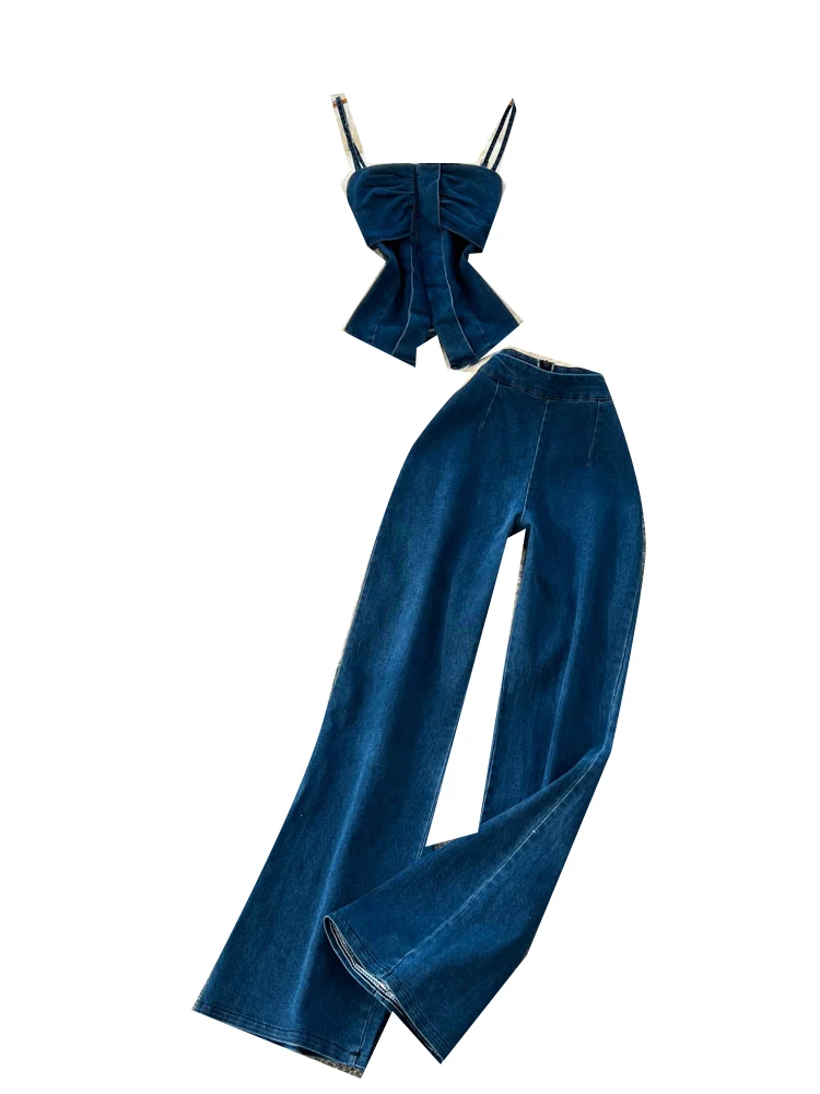 High Waist Slimming Wide Leg Pants Set Women's Spring Summer Denim Sexy Girl Style Strapless Tube Top Vest Long Pants Two Pie...