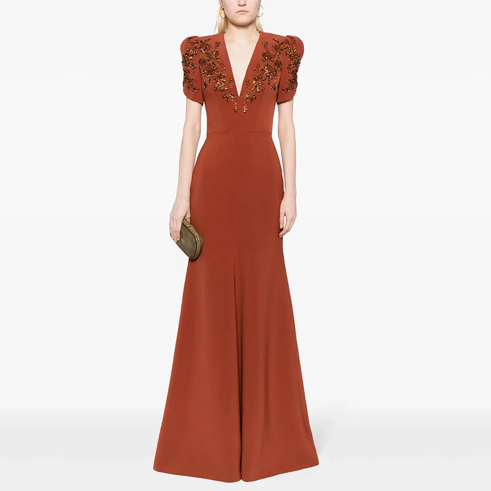 Unique Prom Dress Customized Short Sleeves V Neck Crystal Beading Sweep Train Mermaid Evening Gown Formal Party Dresses image 5