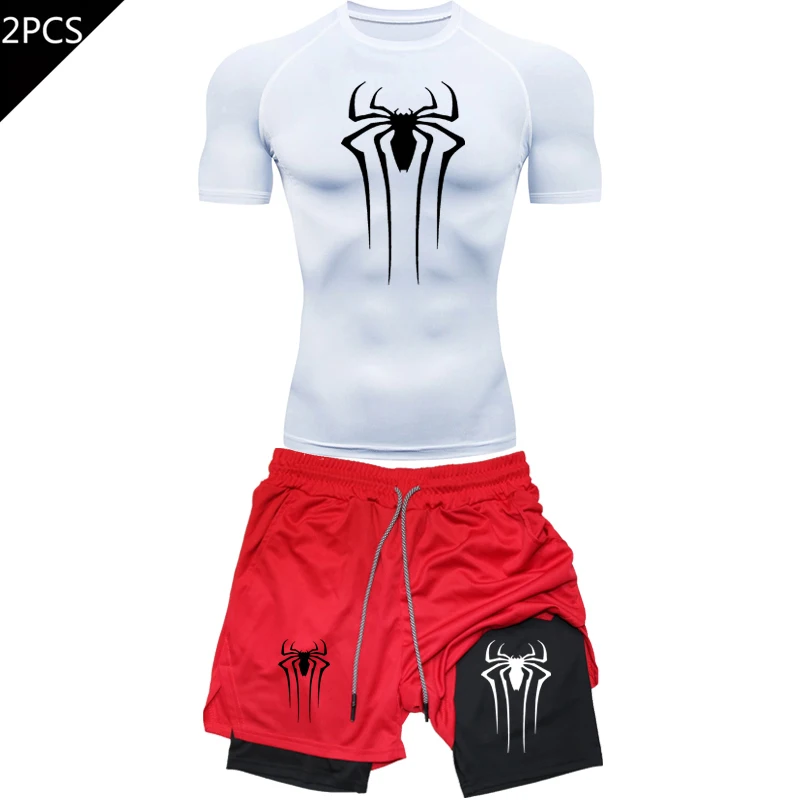 Men's Workout Compression Set Y2K Spider Printed Gym Tshirts Breathable Running Shorts Quick Dry Sports Rash Guard Sportwear Set image 3