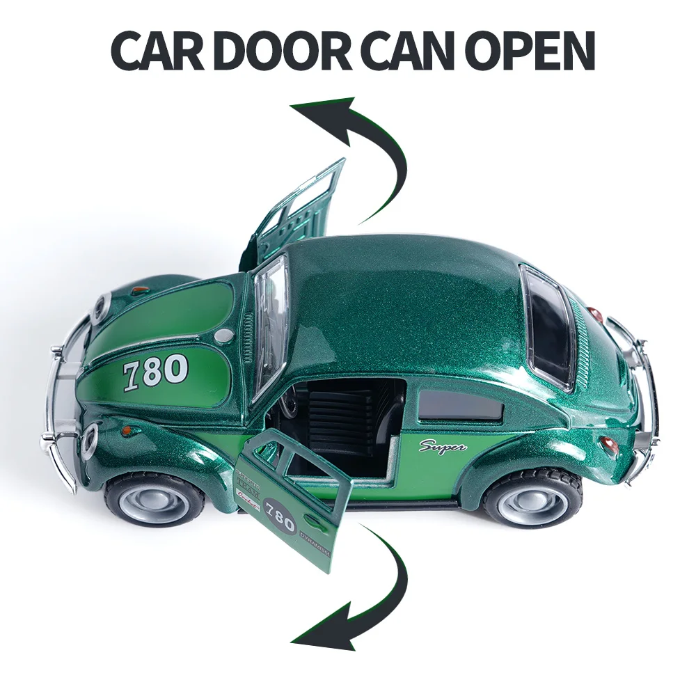 Classic Diecast Beetle Model Car, 11.5cm Green Pull-Back Toy with Openable Doors, Collectible Retro Vehicle Gift for Kids Adults image 2