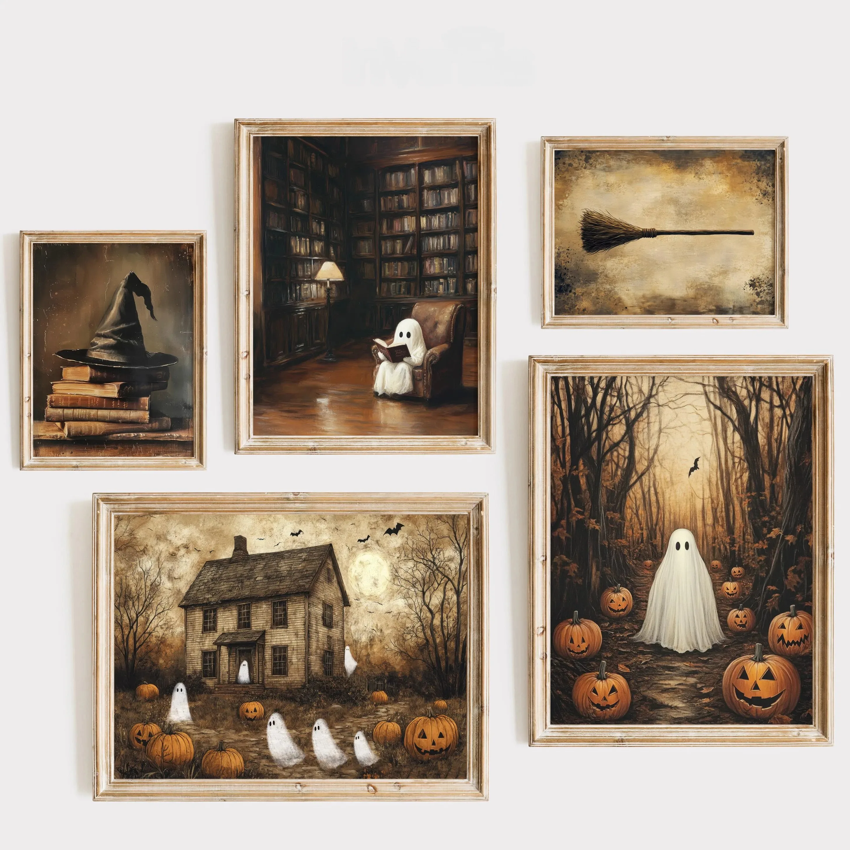 English Library Ghost Read Halloween Canvas Print Pumpkin Bat Witch Haunted House Autumn Wall Art Poster for Modern Home Decor