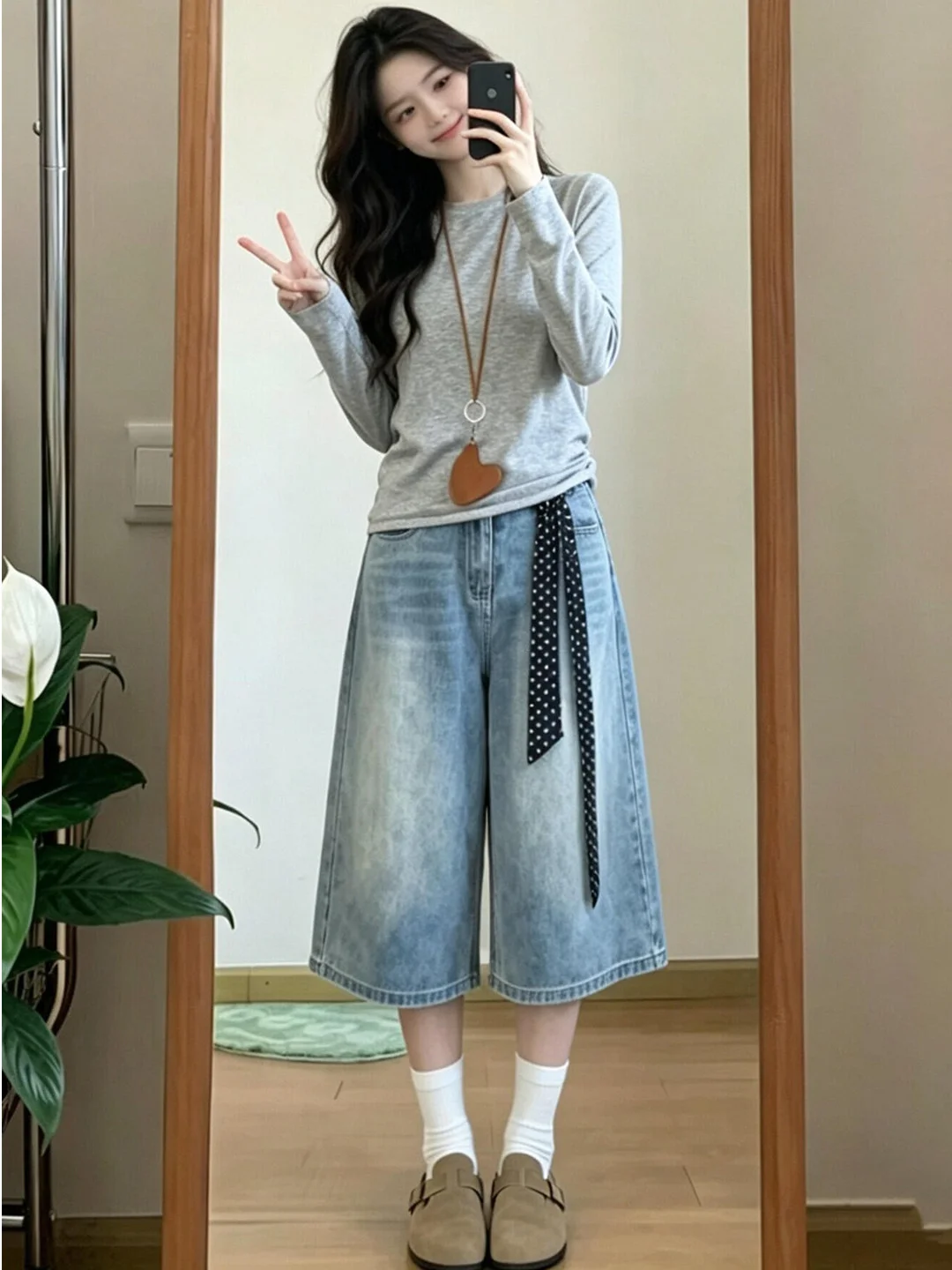 

Retro American Washed Denim Shorts Women Summer Thin High Waist Loose Slim Straight Seven Wide Leg Medium Pants