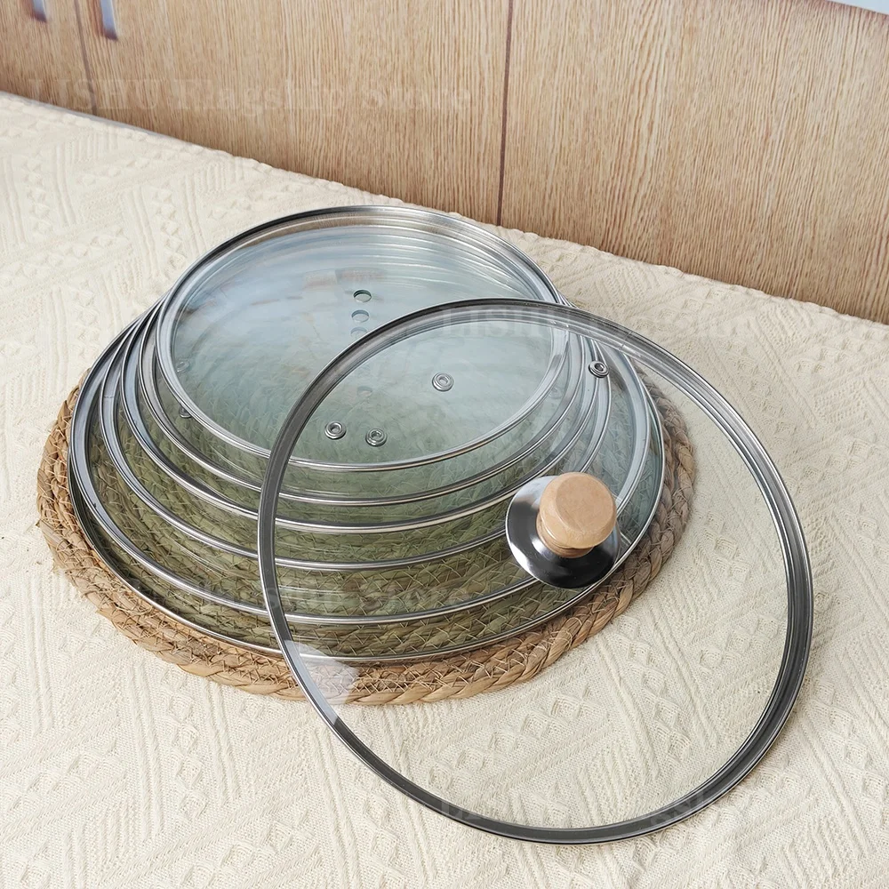 Round Tempered Glass Pot Lid Wooden Handle Rimmed Pan Lid Spill Shatter-Proof Chef Glass Cover for Versatile Home Cooking Pan