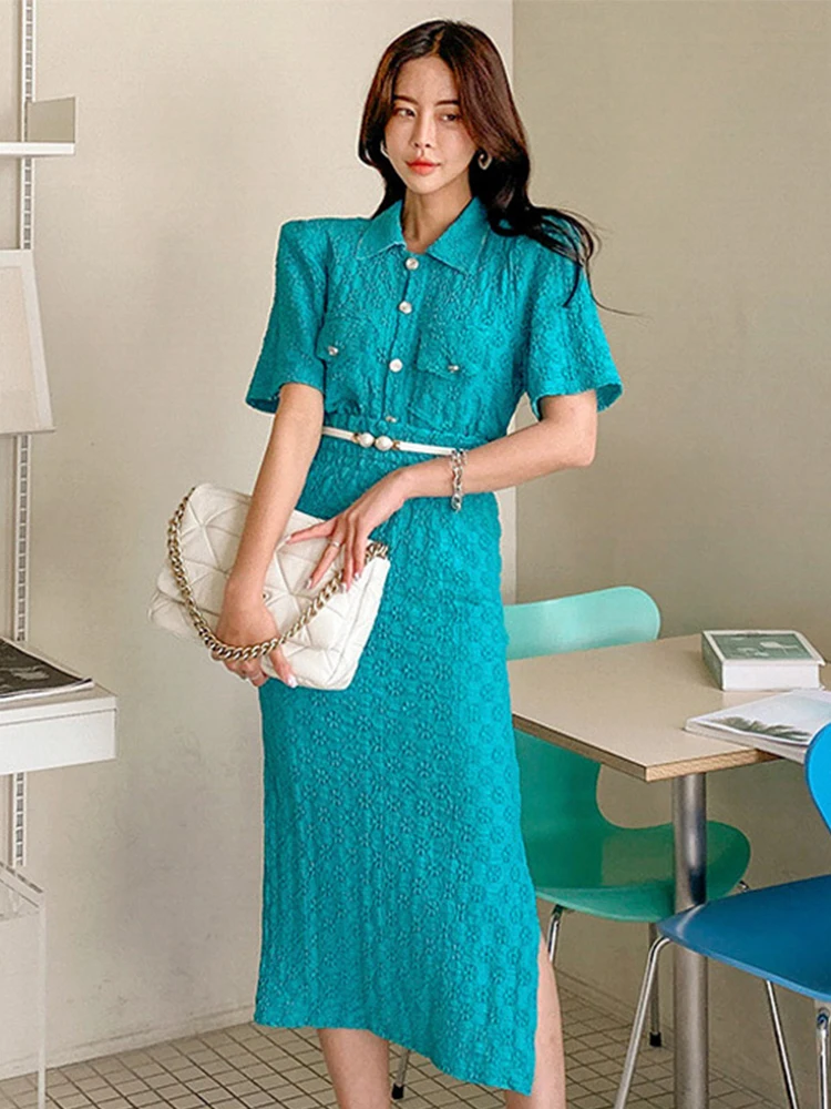 New Summer 2 Piece Outfit Elegant Women Chic Formal Retro Short Sleeve Tops Shirt Blouse Elastic Waist Midi Skirt Mujer Slim Set