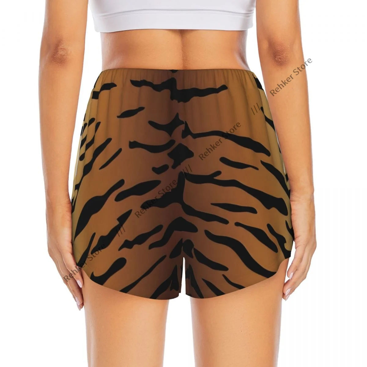 Shorts esportivos femininos de dupla camada com fundo de pele de tigre, secagem rápida, para lazer ao ar livre, corrida, fitness, treino, esporte