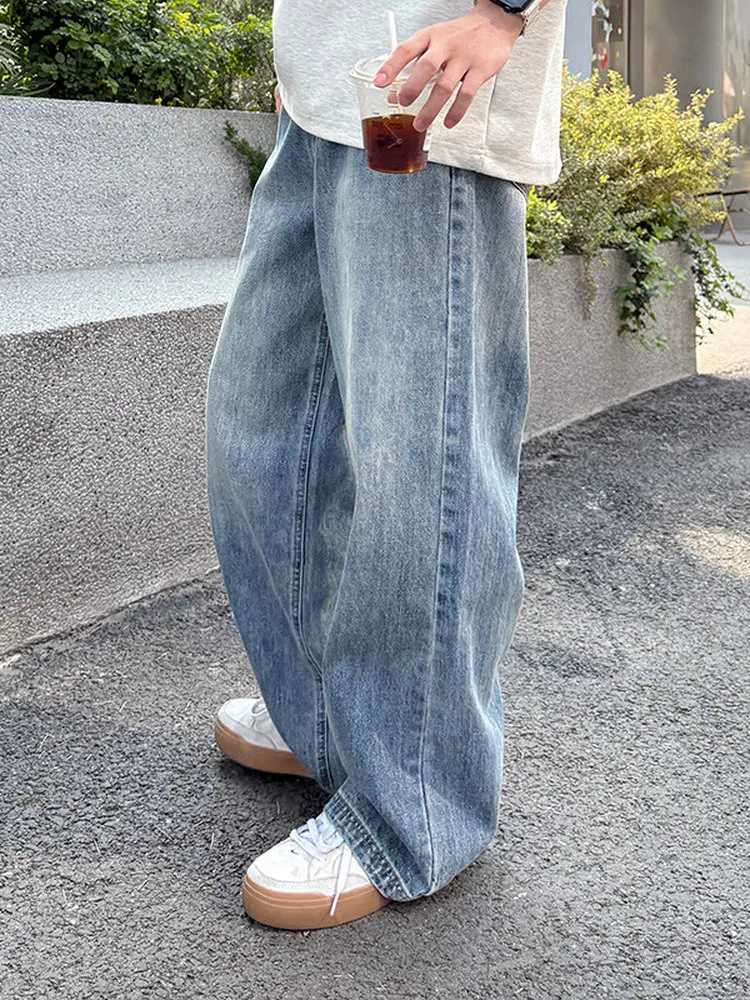 

Loose Straight Leg Blue Waed Denim Jeans Men Women Spring Autumn Casual Versatile Commute Simple Long Pants ex